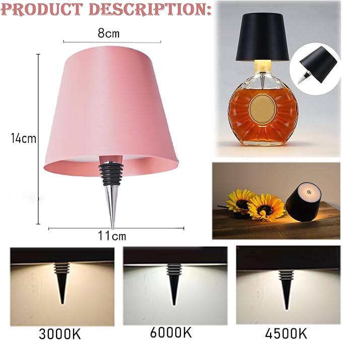 Neioaas Wine Bottle Lamp, 3 Color Light Dimming Metal Wine Bottle Light, Rechargeable Waterproof Bottle Touch Lamp Head with for Home,Bar,Camping,Travel,Restaurants, Party, Decor & Gifts(Pink, 1PC)