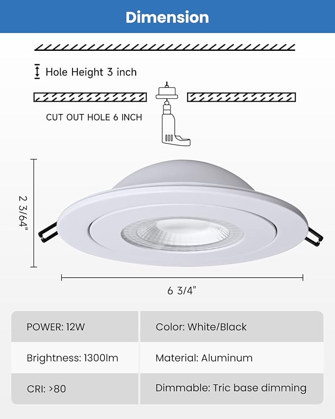 POPANU 6-Inch Gimbal Recessed Light - 12W 90° Tilt & 360° Rotation, 5CCT (2700K-5000K), IC Rated LED Eyeball Recessed Lighting, for Sloped Ceilings, Soffit Light, Hallyway，Kitchens, White 6 Pack