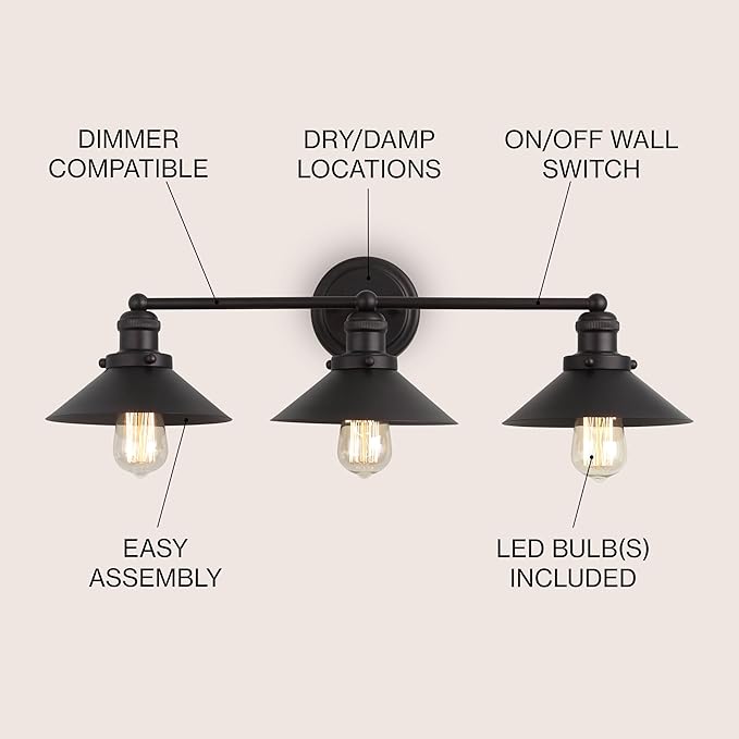 JONATHAN Y 26.5" Oil Rubbed Bronze 3-Light Industrial Farmhouse Metal Vanity Light Wall Sconce, Metal Shade for Bathroom Mirror, Kitchen, Entryway, LED Bulb Included (JYL7428A)