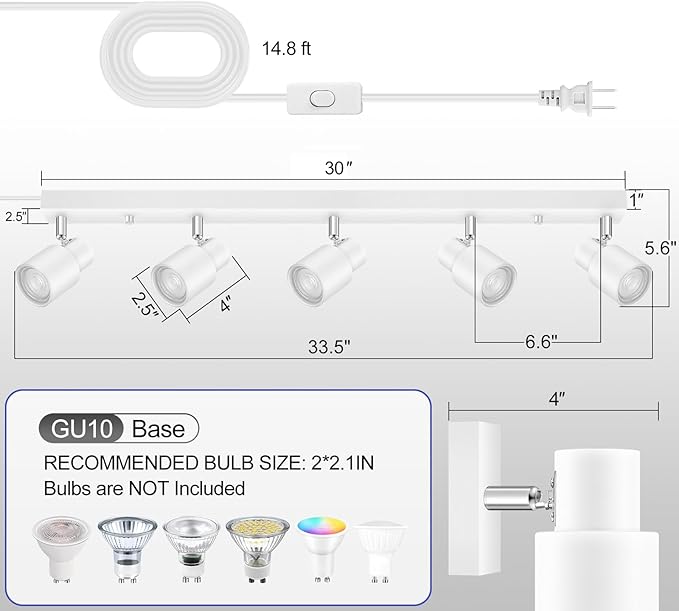 Track Lighting Plug in, 30" LED Track Light Fixtures Ceiling, White 5 Way Spotlight, Rotatable Head, Plug Wall Lights with 14.8FT Cord, Ceiling Lighting for Kitchen Hallway Bar(GU10, NO Bulb)