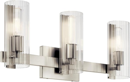 Kichler Jemsa 3-Light Bathroom Vanity Light Fixture, Modern Wall Mount with Clear Fluted Glass in Brushed Nickel for Powder Room or Mirror (9.75" x 22.75"), 55168NI