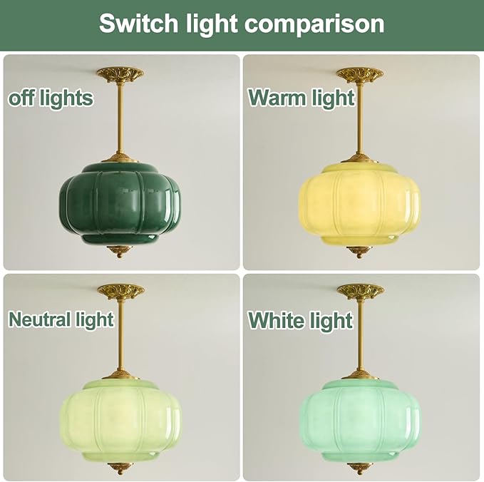 Milk Glass Pendant Light 15 Inch Semi Flush Mount Ceiling Light Fixture Adjustable Height Mid Century Brass Vintage Ceiling Light for Kitchen Hallway Dining Room Bedroom Schoolhouse(Green)