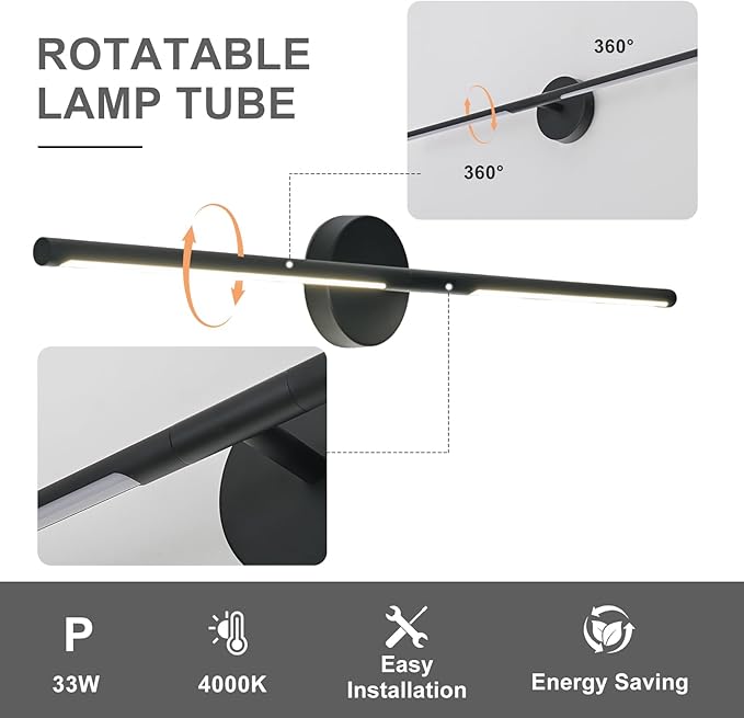 Matte Black Bathroom Light Fixtures Over Mirror 43 Inch, 33W 360° Rotatable Dimmable 4000K Led Vanity Light Bar, Modern Bathroom Vanity Lights Above Mirror