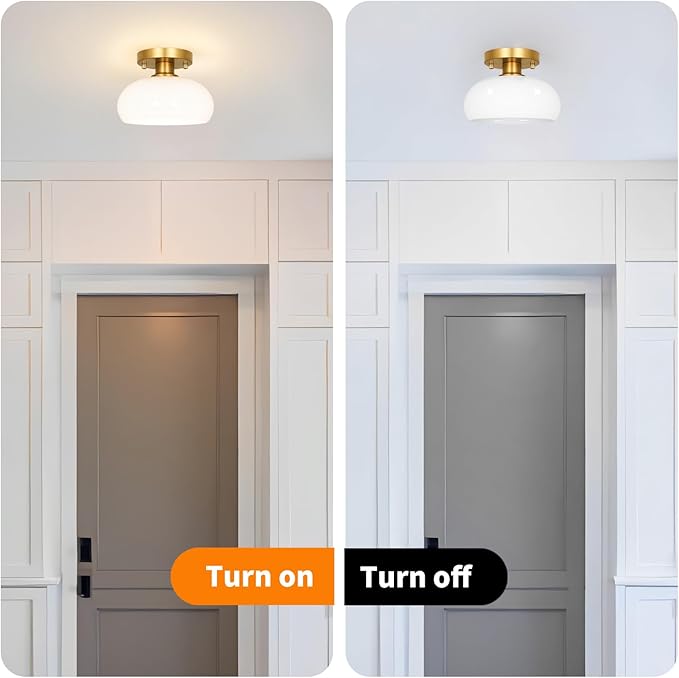 Mid-Century Gold Ceiling Light Fixture - 8 Inch Semi Flush Mount Hallway Light with Hand-Blown Milk White Glass Shade,Easy Install Close to Ceiling Lighting for Small Entryway & Kitchen