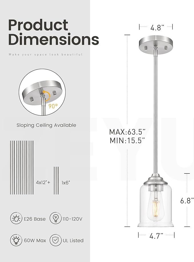 zeyu 2 Pack Modern Pendant Light Fixture, Brushed Nickel Hanging Light with Clear Glass for Kitchen Island Dining Room Bedroom Hallway Foyer, ZSL104MIL-2 BN