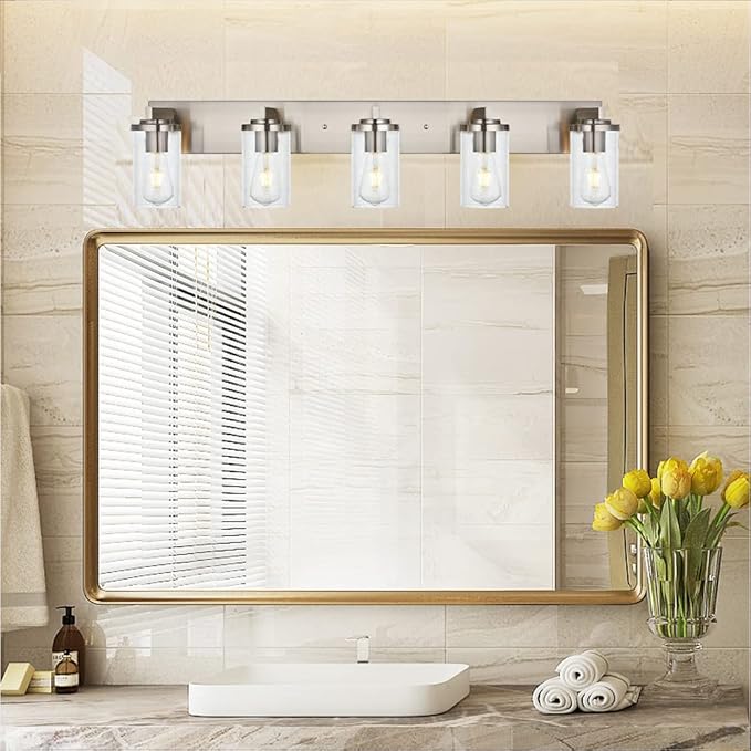 BONLICHT Brushed Nickel Bathroom Light Fixtures 5 Light Modern Vanity Lights Industrial Glass Wall Sconce Farmhouse Bath Lighting Over Mirror Wall Mount for Kitchen Living Room Hallway Workshop