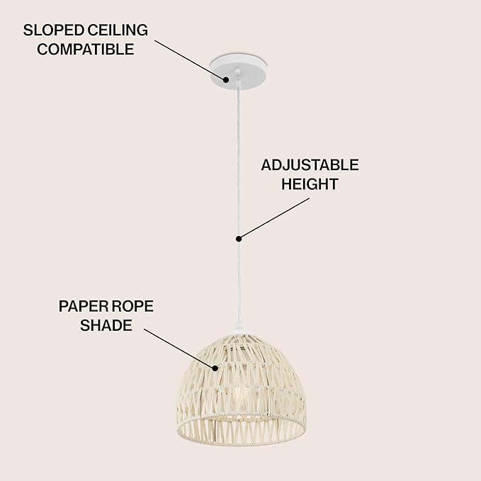 JONATHAN Y 10.25" Cream Modern Bohemian Woven Rope LED Pendant Light Fixture, Adjustable Dome Ceiling Lamp for Kitchen Island, Rope Shade, Coastal Farmhouse Decor (JYL6513C)