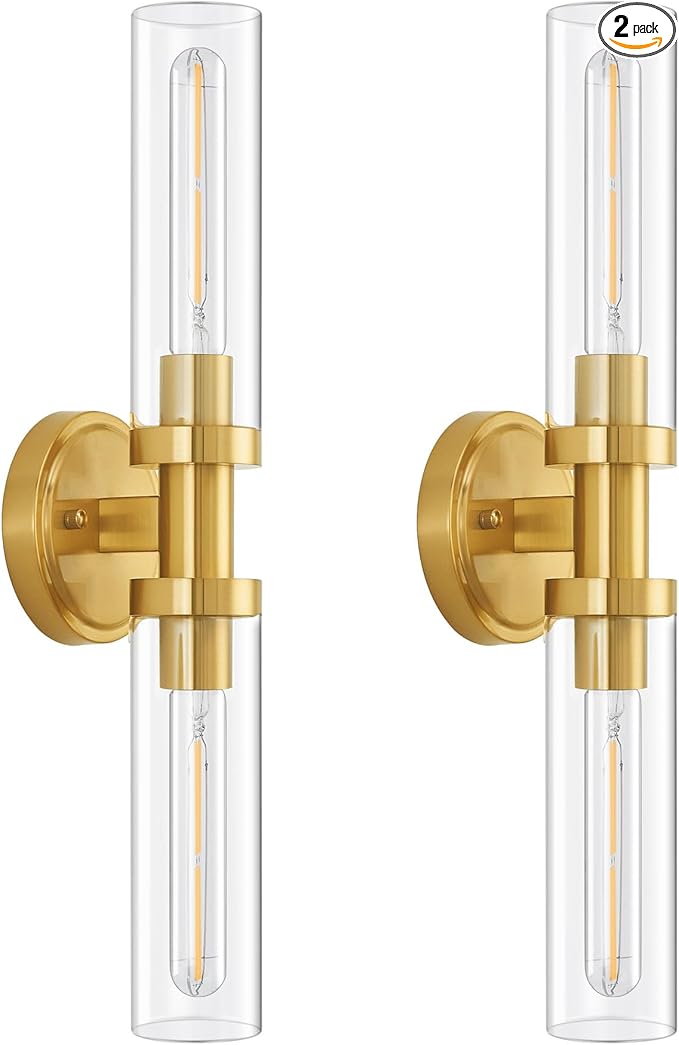 SANTOSTOCK Hardwired Wall Sconces Set of 2, Brushed Gold Bathroom Wall Sconces Vanity Light Fixture with Clear Glass, Modern Farmhouse Wall Lights for Bathroom Mirror Living Room Hallway Kitchen