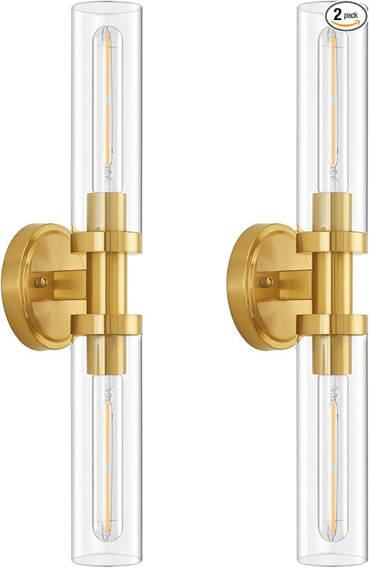 SANTOSTOCK Hardwired Wall Sconces Set of 2, Brushed Gold Bathroom Wall Sconces Vanity Light Fixture with Clear Glass, Modern Farmhouse Wall Lights for Bathroom Mirror Living Room Hallway Kitchen