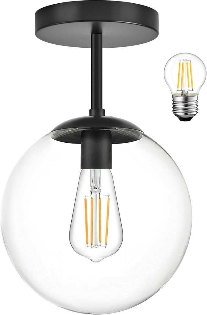 KoKo&Yukina Mid Century Modern Globe Semi Flush Mount Ceiling Light Fixture Clear Glass with Finish Black Globe Ceiling Light for Aisle Porch Stairway Closet Kitchen Laundry Room(Bulb Incl.)