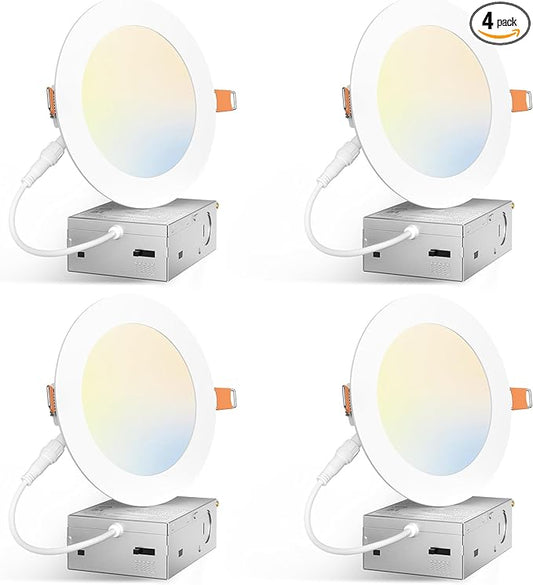 Amico 4 Pack 5 Inch 5CCT Ultra-Thin LED Canless Recessed Ceiling Light with Junction Box, 2700K/3000K/3500K/4000K/5000K Selectable, 11W=75W, 900LM High Brightness, Dimmable Wafer Downlight-ETL&FCC