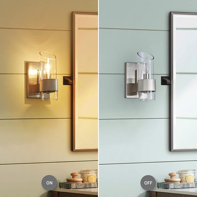 WUZUPS Set of 2 1-Light Bathroom Wall Light Fixture Over Mirror Class Shade Morden Vanity Scones for Bathroom Bedroom Living Room, E12 Base, Brushed Nickel