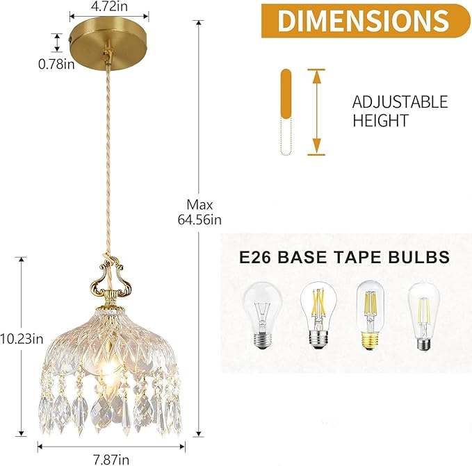 Vintage Crystal Small Pendant Lights Kitchen Island, Adjustable Cord Length 0.5" to 70", Dia7.87 Glass Shade Light Fixture,Brass Hanging Light, Chandelier for Bedroom (1-Pack，Hard-Wired