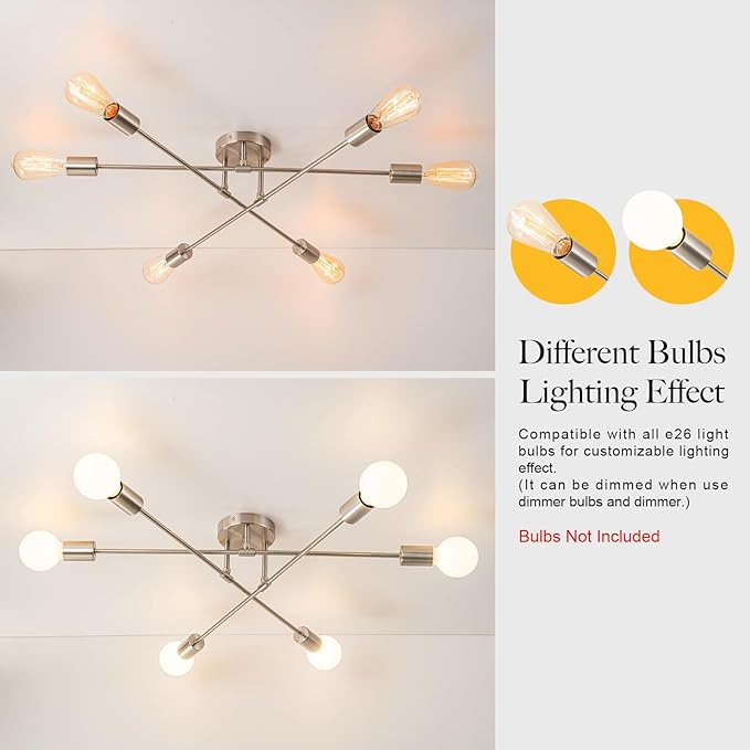 6-Light Modern Sputnik Chandeliers, Silver Mid Century Semi Flush Mount Ceiling Light Fixtures with E26 Base, Industrial Vintage Kitchen Farmhouse Light for Dining Room Bedroom Living Room