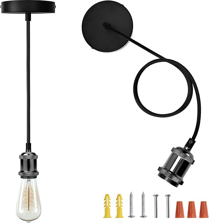 JACKYLED Pendant Light Kit UL Canopy Kit Copper Socket E26 E27 Lampholder Black Woven Fabric Pendant Light Cord Adjustable Ceiling Lighting (Pearl Black)