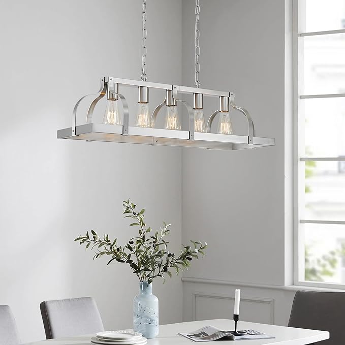 WUZUPS 5-Light Metal Chandelier Linear Pendant Ceiling Lighting Rustic Farmhouse Fixture Kitchen Island Dining Room, H 8.5" L 31.5" W10, E26 Base, Brushed Nickel