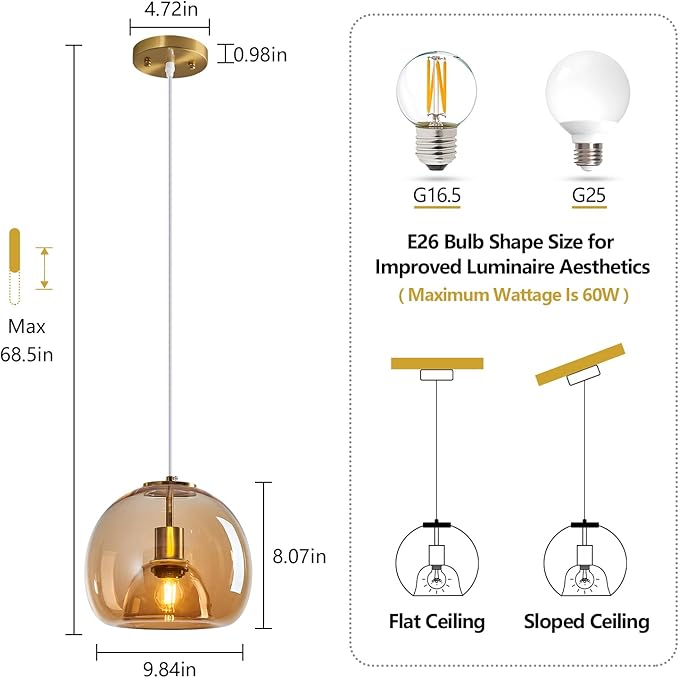 Amber Glass Pendant Lights Kitchen Island Gold Hanging Light Fixture Glass Globe Pendant Light Modern Pendant Lighting for Dining Room Bedroom Kitchen Island (9.84", 1 Pack)