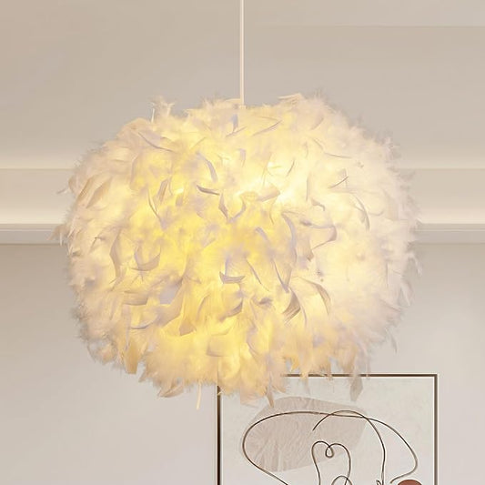 NZV White Feather Pendant Light for Bedroom 15.8in Modern Feathers Chandelier Light Fixture for Girls Room Romantic White Hanging Ceiling Lighting for Dining Room Kitchen Island Foyer Hallway