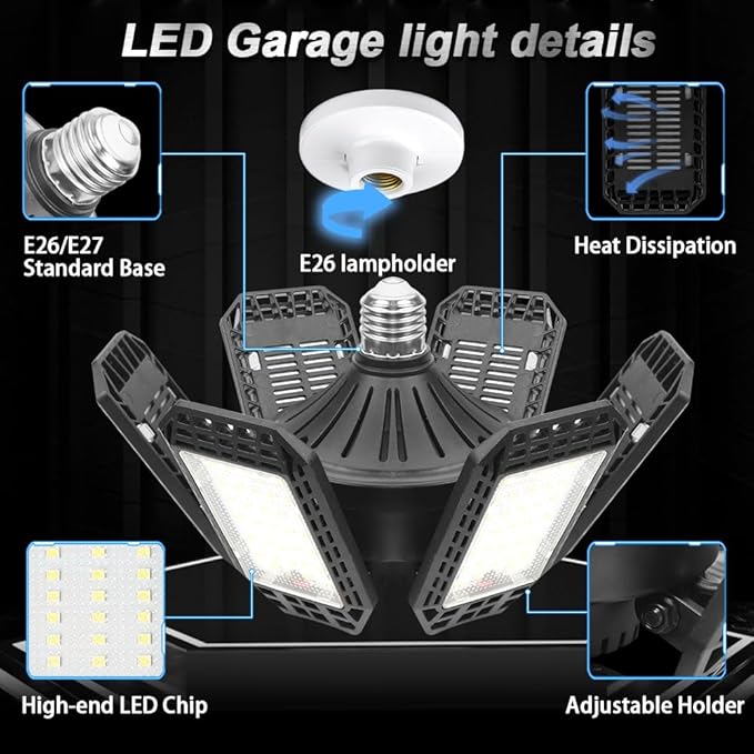 AUDLES 4 Pack Garage Lights, 200W 20000LM 6500K LED Shop Lights, Garage Light Ceiling Led with 6+1 Deformable Panels, Screw in E26 Socket Bulb for Warehouse, Workshop, Basement, Barn Lighting