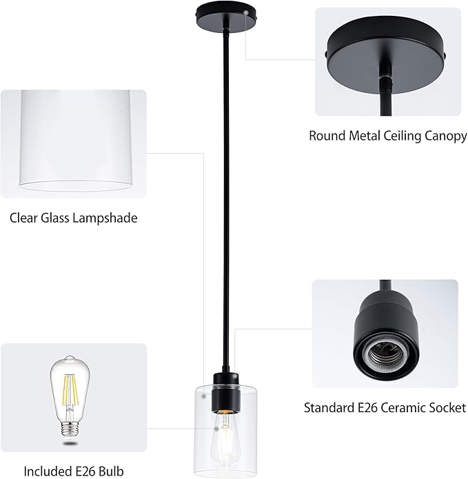 MAYNA 1-Pack Black Mini Pendant Light, Industrial Small Hanging Lamp with Bulb, Adjustable Rods Ceiling Fixture for Kitchen Sink, Hallway, Entryway