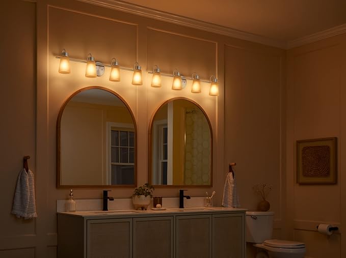 Kichler Stamos 4-Light Bathroom Vanity Light Fixture with Satin Etched Glass Shades, 26 in Modern Wall Light in Brushed Nickel for Bathroom Mirror (26 in x 8 in x 5 in), 55122NI