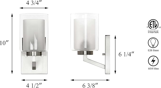XiNBEi Lighting Brushed Nickel Wall Sconce, Bathroom Sconces Wall Lighting Modern 1 Light Indoor Dual Glass Wall Sconce Light for Vanity & Hallway XB-W1294-1-BN