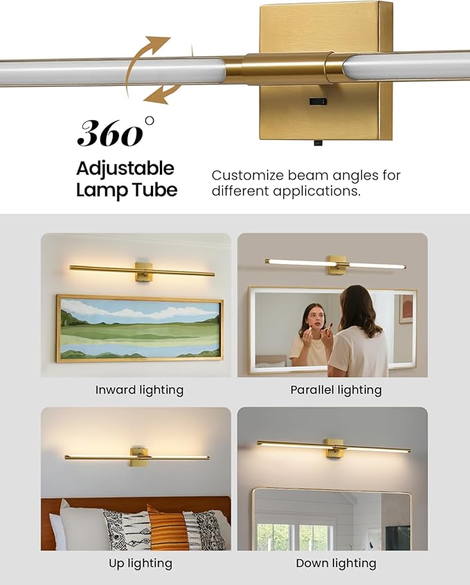 Gold Vanity Light Fixtures for Bathroom Over Mirror 40 inch LED Bath Sconces IP44 5CCT Adjustable Morden Picture Lights for Paintings (Built-in Dimmer)