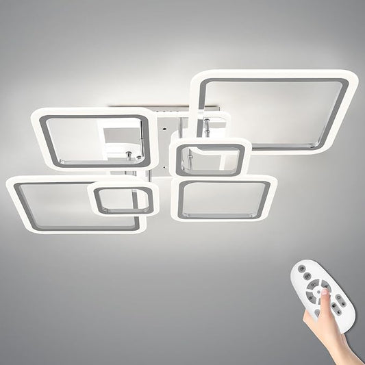 Modern LED Ceiling Lights for Bedroom 40.2'' Dimmable Square 6+1 Rings Ceiling Lights for Living Room with Remote Control 130W for Kitchen,Balcony, Bedroom, Chrome