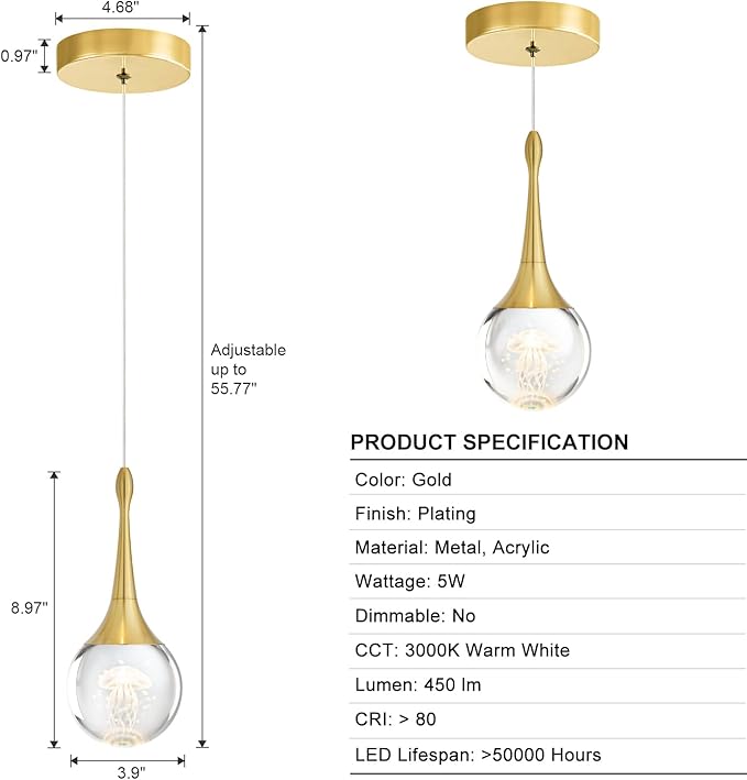 CHYING LED Kitchen Island Pendant Lights 3 Pack Gold Teardrop Pendant Light Bathroom Ceiling Hanging Light Globe Jellyfish Pendant Lighting for Living Room Dining Room Bar 3000K Warm White