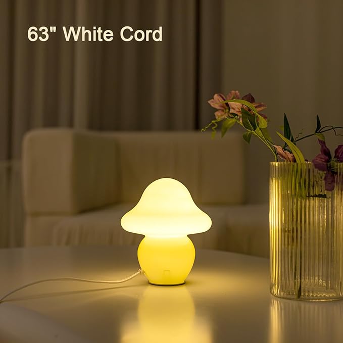 HEQET Mushroom Lamp White Glass Mushroom Table Lamp for Bedrooms, Living Room, Aesthetic Lamps for Bedroom, Cute Bedside Lamp (Yellow)