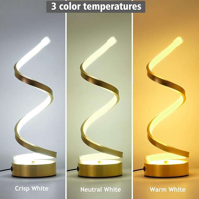 NUÜR Gold Infinity Spiral LED Table Lamp, Dimmable Metallic Bedside Lamp with Touch Controller, 3 Colour Temperature, 15.8 Inch Height, Decorative Lamp for Home, Living Room & Office
