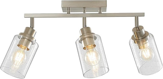 LOUSACE 3 Light Brushed Nickel Track Lighting, Modern Flush Mount Seeded Glass Ceiling Light, Kitchen Ceiling Mounted Light Fixtures Over Sink for Dining Room Kitchen Bathroom Hallway