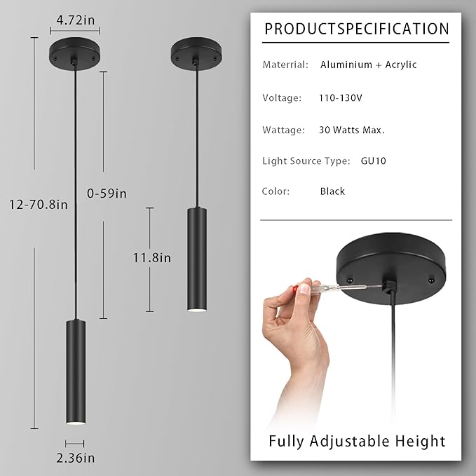 Modern Black-on-Gold Cylindrical Chandelier, 1-Light Pendant with Adjustable Cord, Matching GU10 Socket for Living Room, Bedroom and Dining Room (2 Pack)