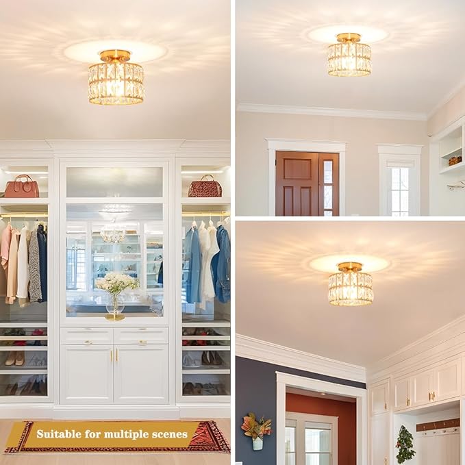 Crystal Ceiling Light Fixture, Modern Brushed Gold Semi Flush Mount Ceiling Chandelier Light for Hallway Entryway Kitchen Bathroom, Small Chandelier Light for Bedroom Closet, 1-Light, 9 Inch