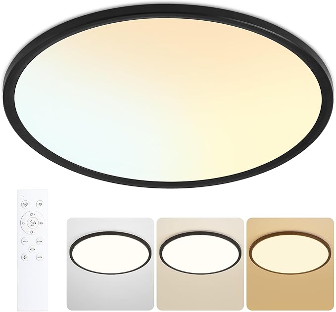 20 Inch Flush Mount Ceiling Light with Remote, 45W Dimmable LED Fixture 4500LM, 3000K-6500K Adjustable, Round Ceiling Lamp for Bedroom, Kitchen, Living Room, Dining Room, Bathroom, Black