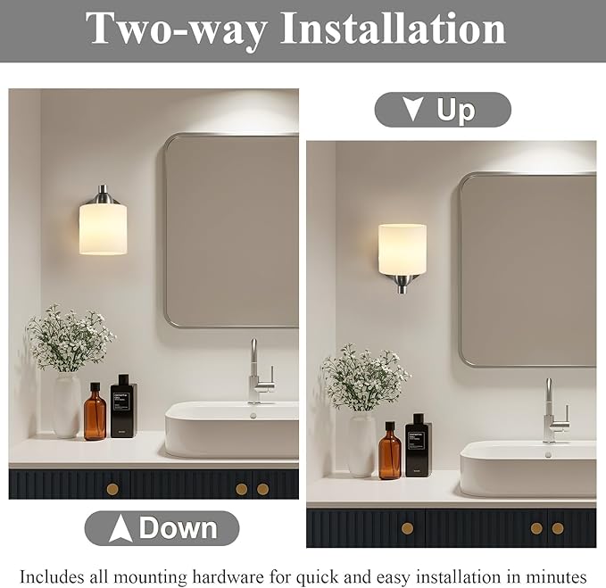 Mecgirn Brushed Nickel Milk Glass Wall Sconces, 1 Pack Hardwired Indoor Wall Light Fixtures for Living Room, Hallway, Bedroom, Ceramic E26 Sockets (Bulbs Not Included)
