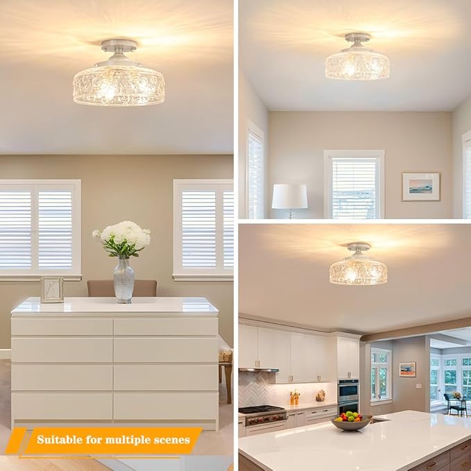 Brushed Nickel Semi Flush Mount Ceiling Light, 3-Light Close to Ceiling Light, Flush Mount Ceiling Lighting with Globe Glass, Farmhouse Closet Fixtures for Hallway Bedroom Entryway Kitchen Porch,E12