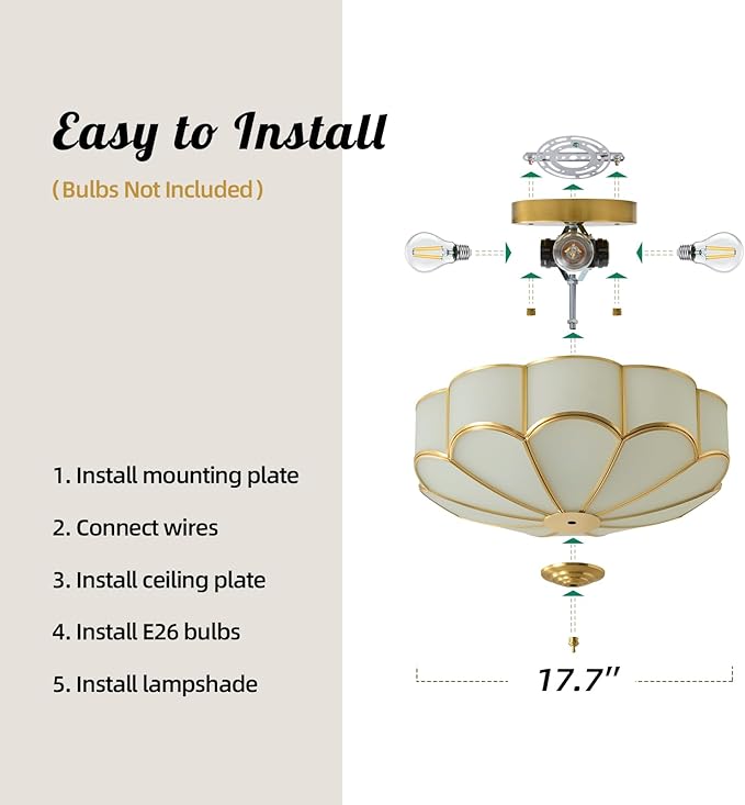 Brass Vintage Gold Ceiling Light - Large 17.7 Inch Milk Glass Mid Century Flush Mount Lighting Fixtures - Art Deco Antique Modern Lamp for Hallway Bathroom Bedroom Kitchen Entryway Laundry Foyer Hall