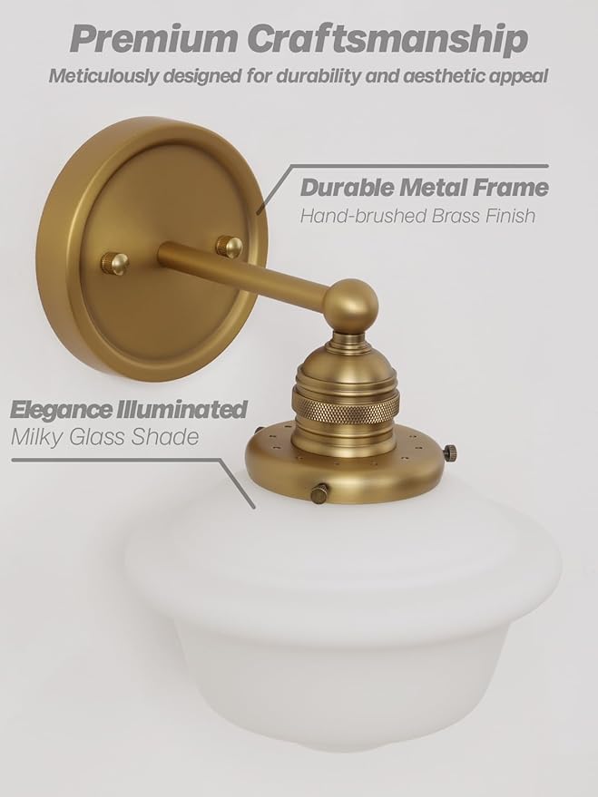 Gold Wall Sconce, Vintage Bathroom Vanity Light, Modern Frosted Milk Glass Sconces Brass Wall Lights for Living Room Bedroom Kitchen Hallway Stairway E26 Hardwire Indoor