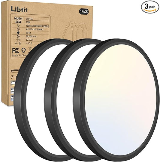 libtit 3Pack 7 inch Flush Mount Ceiling Light, 15W 1500Lm Surface Mount LED Light Fixture,3000k/4000k/6500k Color Selectable, Black Thin Flat Round LED Lamp for Bathroom Kitchen Laundry LivingRoom