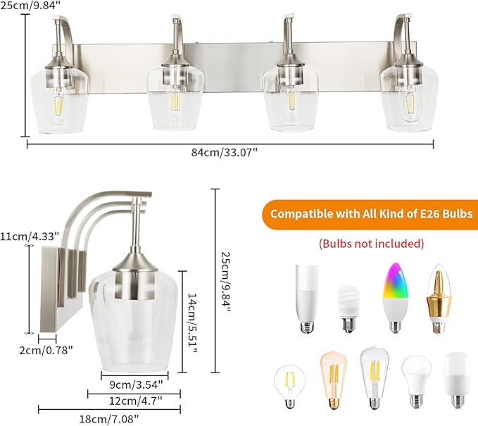 4-Light Brushed Nickel Vanity Light with Clear Glass Shade, 33.07'' Modern Wall Lights for Bathroom, Bedroom, Hallway, Living Room (E26 Base)
