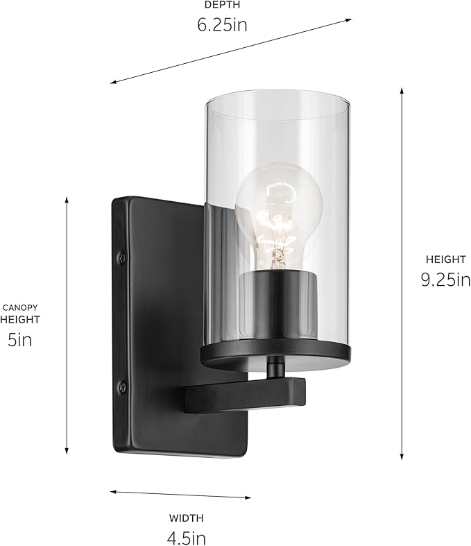 Kichler Crosby 4.5" 1-Light Wall Sconce Bathroom Vanity Light Fixture with Satin Etched Cased Opal Glass in Black for Bathroom, Powder Room, Hallway (4.5" x 9.25"), 45495BKCLR