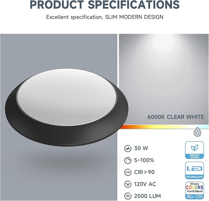 ECOELER 8 Inch LED Round Dimmable Flush Mount Ceiling Light, 30W 2000 Lumens, 6000K Clear White, Surface Mount LED Ceiling Light, Aluminum Trim, ETL Listed, Black