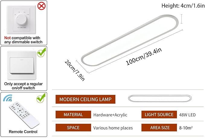 Ganeed 39.4 Inch Dimmable LED Ceiling Light, High Brightness Long Ceiling Lamps,3000-6000K Selectable Modern Ultra Thin Low Profile Light Fixture for Bedroom Kitchen Closet Hallway,White/48W