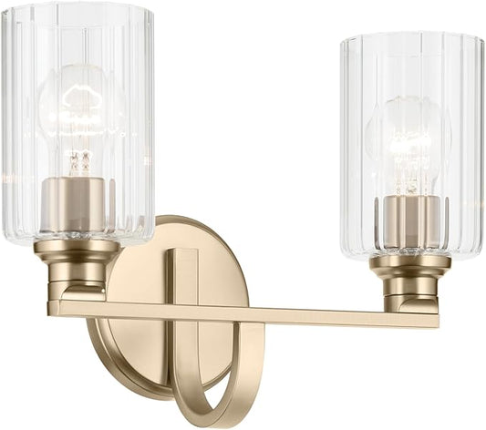 Kichler Gioe 2-Light Vanity Light Fixture 14.25" Bathroom Light with Clear Fluted Glass in Champagne Bronze for Bathroom Vanity Over Mirror (14.25" W x 10.5" H), 55225CPZFLU