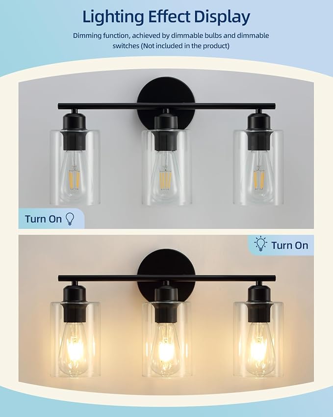 3 Light Bathroom Vanity Light, Black Vanity Lights for Bathroom, Modern Light Fixtures Over Mirror with Clear Glass Shade, Wall Sconce Lighting for Bedroom Living Room Hallway