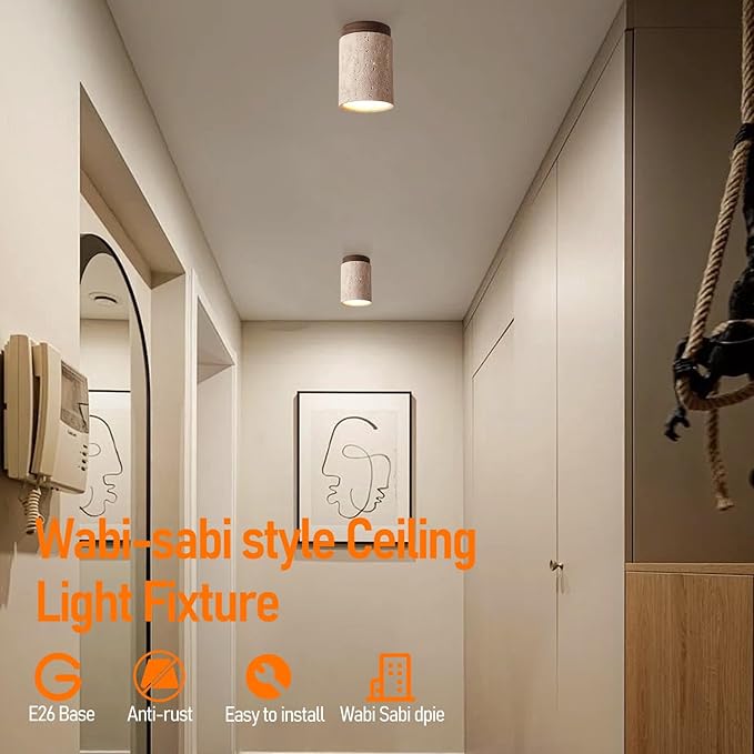 Nordic Retro Yellow Travertine Ceiling Light Fixture Japanese Wabi-Sabi Bedroom Ceiling Lights Farmhouse Flush Mount Ceiling Lighting for Hallway, Kitchen, Entryway and Foyer