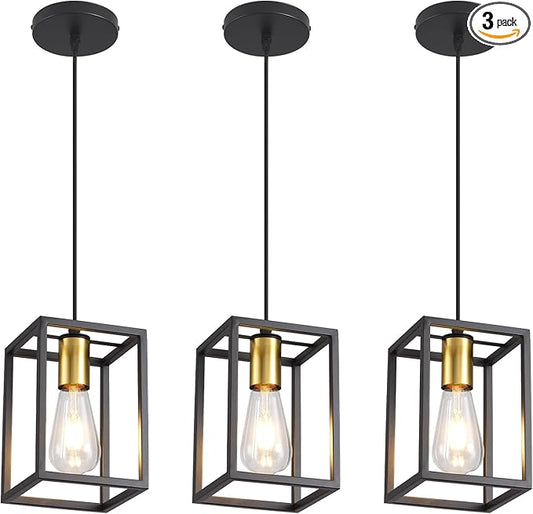 Black Pendant Lights for Kitchen Island Industrial Lantern Pendant Light Fixtures with Golden lamp Cup, Farmhouse Adjustable Height Hanging Pendant Lighting