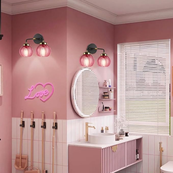 Bathroom Lighting fixtures Modern Vanity Lights Red Ribbed Glass Shade 2-Lights Over Mirror Wall Sconce Vintage Gold Bathroom Light fixtures Black Wall Mount Light Farmhouse Sconces