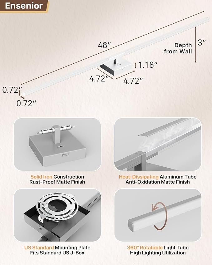 Ensenior Modern Bathroom Vanity Light 48 Inch, Built-in Dimmer, 28W Dimmable 5CCT LED Light Fixture Over Mirror, Baked-on Matte Grey Vanity Lights for Mirror Cabinets Bedroom - FCC & ETL Certificated